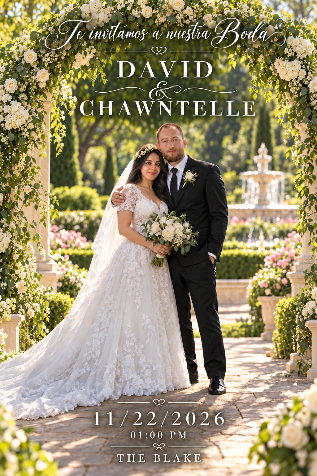 Te invitamos a nuestra boda. David y Chawntelle. 22 de noviembre de 2026, 1:00 PM, The Blake.